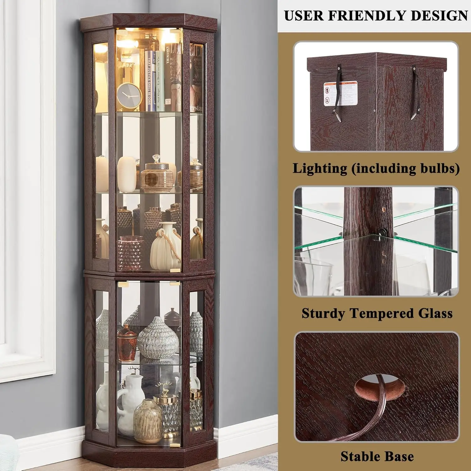 69" H Lighted Corner Curio Cabinet, 5-Tier Curio Glass Display Cabinet with Door & Adjustable Glass Shelves, Wooden, Customized - Image 3
