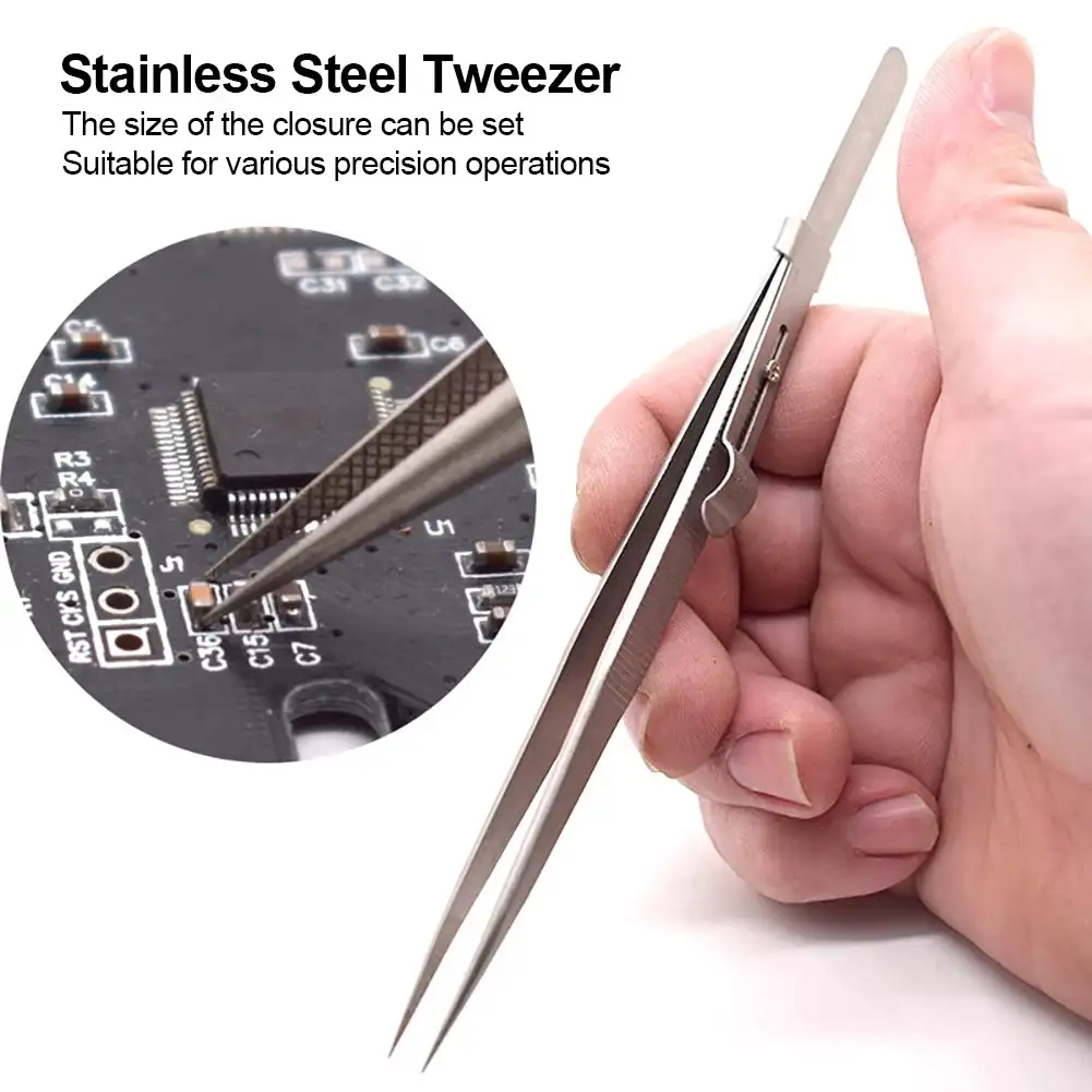 Adjustable Self Clamping Tweezers Jewelry Making Tool Slide Lock Stainless Steel Tweezers Electronic Component Repair Tools - Image 4
