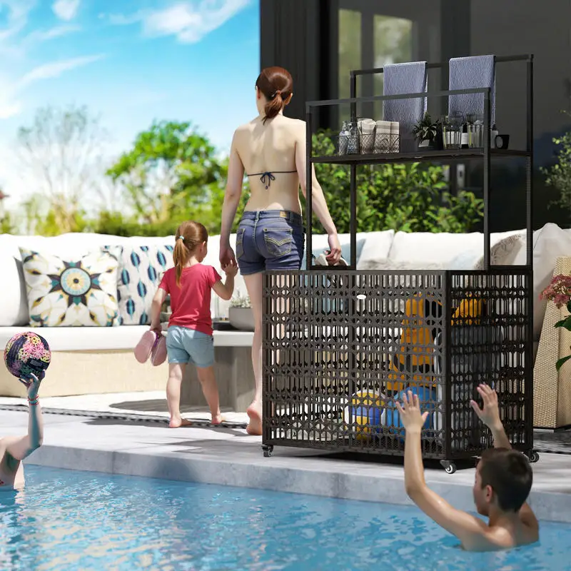 Wicker Pool Float Storage Organizer, PE Rattan Pool Float Holder with Basket Shelf Towel Bars, Rolling Pool Caddy for Floaties, Noodles, Life Vests, Beach Balls, Brown - Image 18