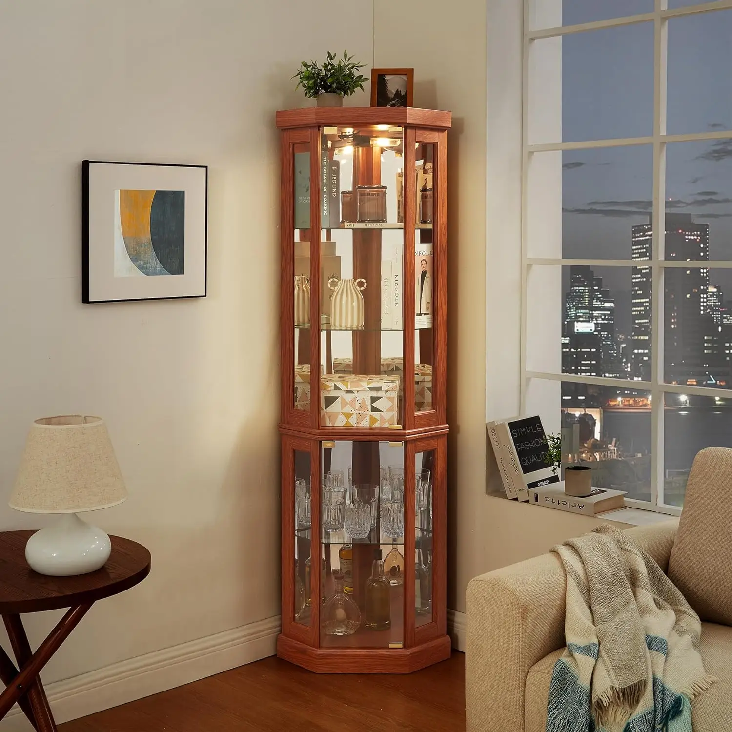 69" H Lighted Corner Curio Cabinet, 5-Tier Curio Glass Display Cabinet with Door & Adjustable Glass Shelves, Wooden, Customized - Image 10