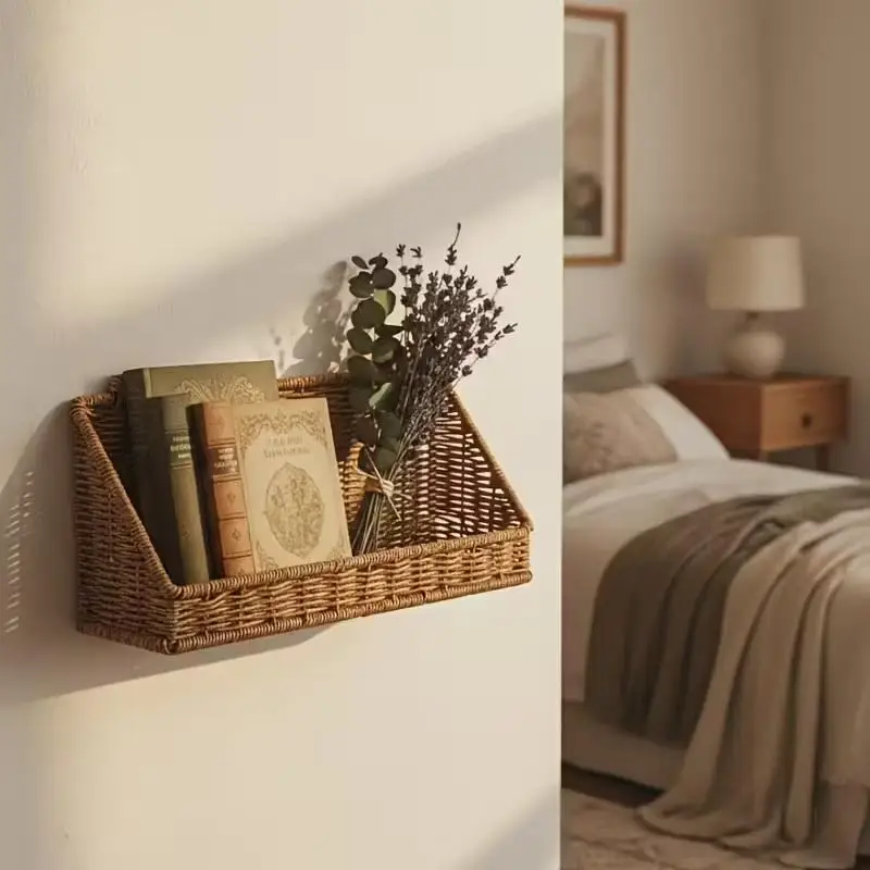 Woven Rattan Wall Storage Baskets | Adhesive Hook Hanging Shelves for Bathroom/Kitchen Organization - Image 3