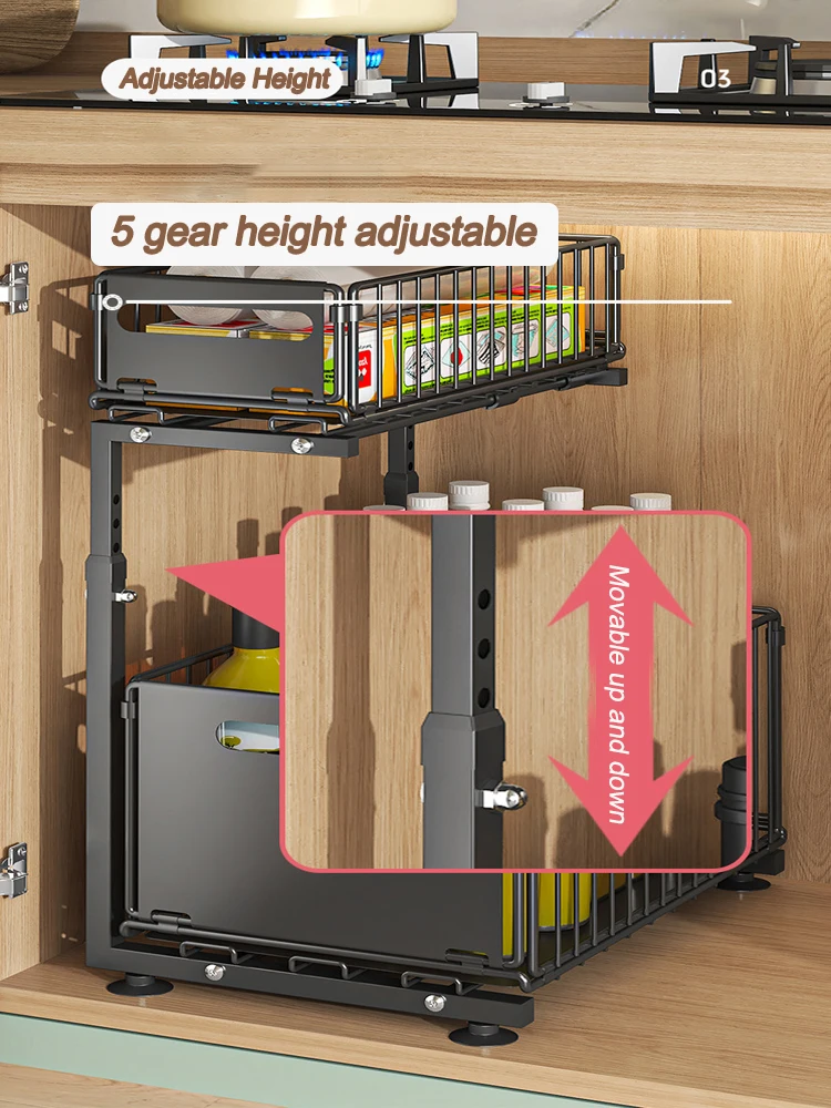 Pull-Out Under Sink Organizer, 2-Tier Adjustable Height Sliding Shelf for Kitchen/Bathroom Cabinet Storage, Black & White - Image 4