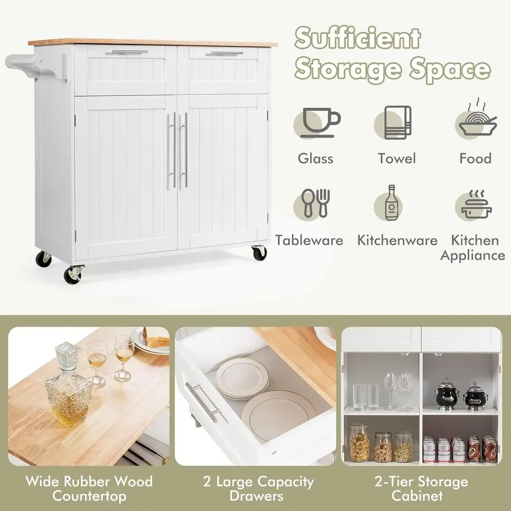 Rolling Kitchen Island with Towel Bar, Double Drawers, 2-Door Cabinet, White - Image 9