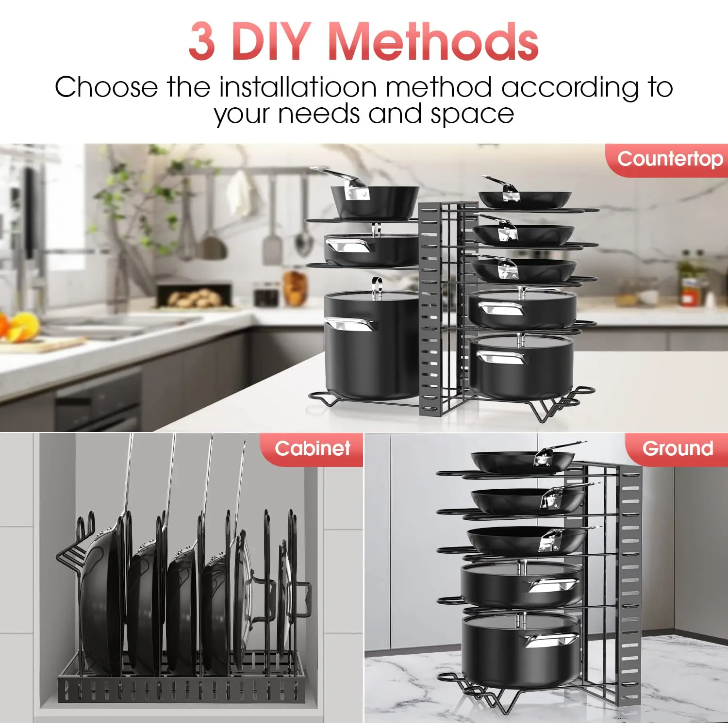 Pot Rack Organizer, 8 Tier Pots and Pans Organizer for Kitchen Organization & Storage, Adjustable Pot Lid Holders & Pan Rack - Image 2