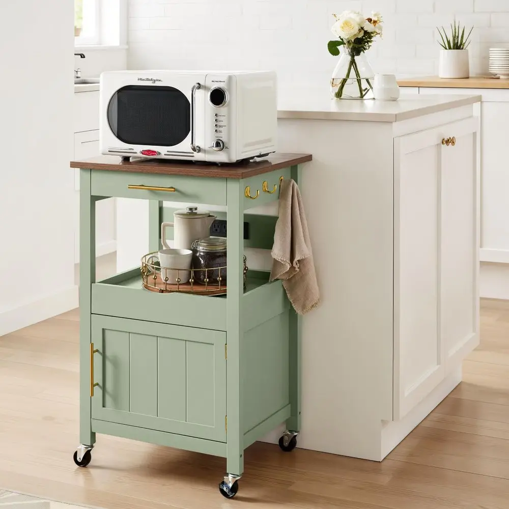 Rolling Kitchen Island Cart, Single Door Cabinet W Drawer, Sliding Tray, Outlet, Swivel Lockable Wheels, Hooks, Coffee Cart, Mi - Image 12