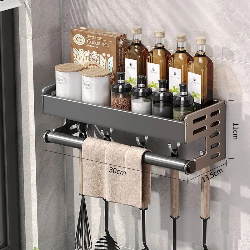 Wall Mount Utensil Holder Multifunctional Spice Organizer Shelf with Hooks Kitchen Hanging Storage Wall Shelf - Image 12