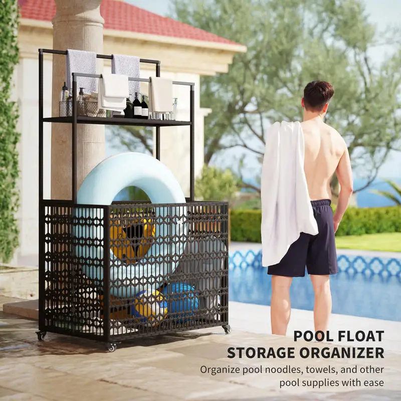 Wicker Pool Float Storage Organizer, PE Rattan Pool Float Holder with Basket Shelf Towel Bars, Rolling Pool Caddy for Floaties, Noodles, Life Vests, Beach Balls, Brown - Image 12