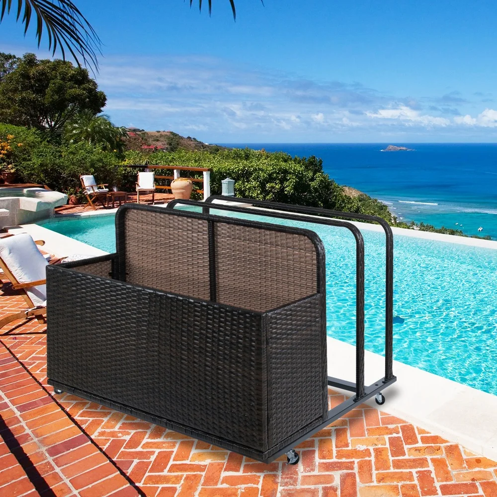 Outdoor Storage Solution with Convenient Mobility Poolside Float Storage Basket, PE Rattan Pool Caddy with Rolling Wheels