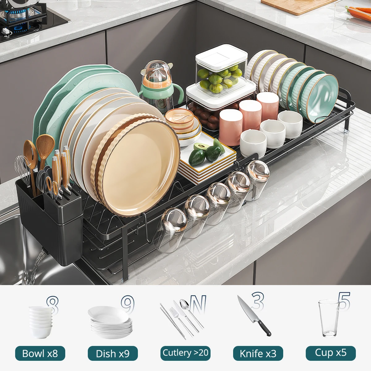 Adjustable Telescopic Dish Rack, Sink Side Dish Drying Organizer, Countertop Dish Organizer With Cup Holder, Utensil Holder - Image 10