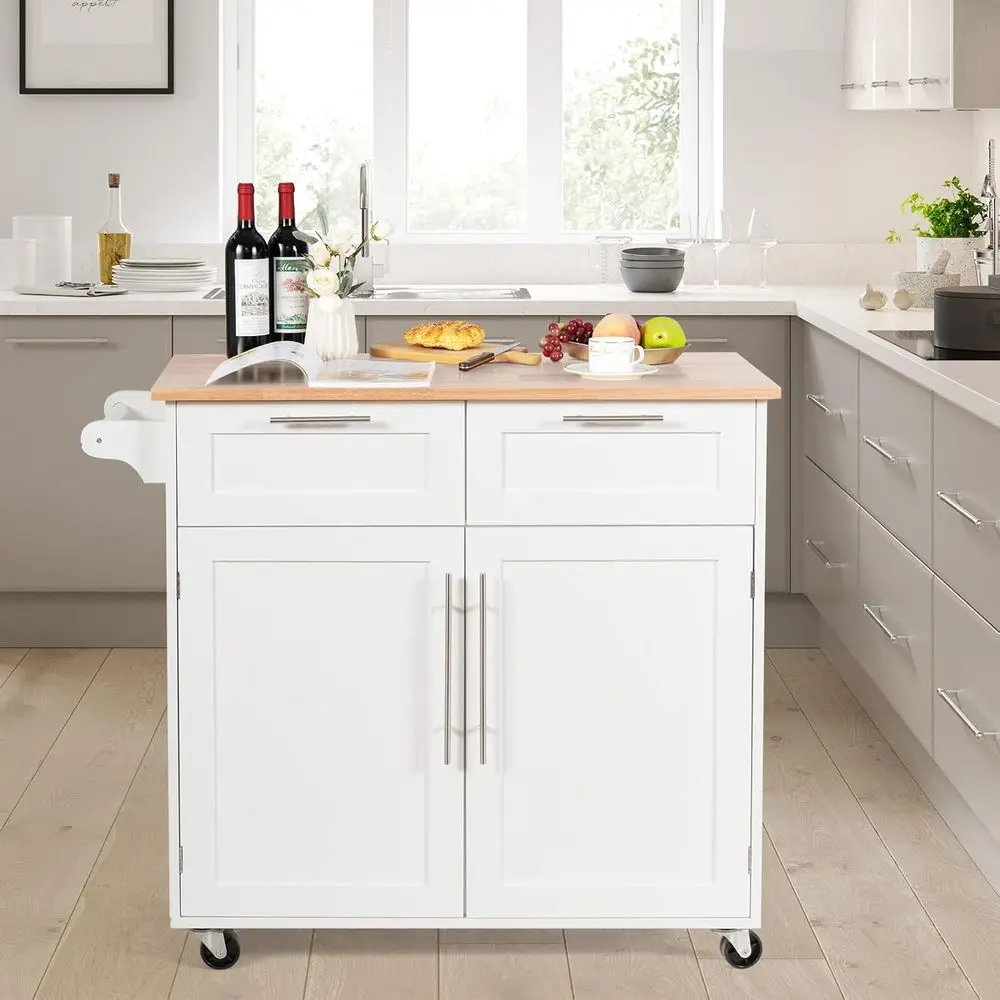 Rolling Kitchen Island with Towel Bar, Double Drawers, 2-Door Cabinet, White - Image 8