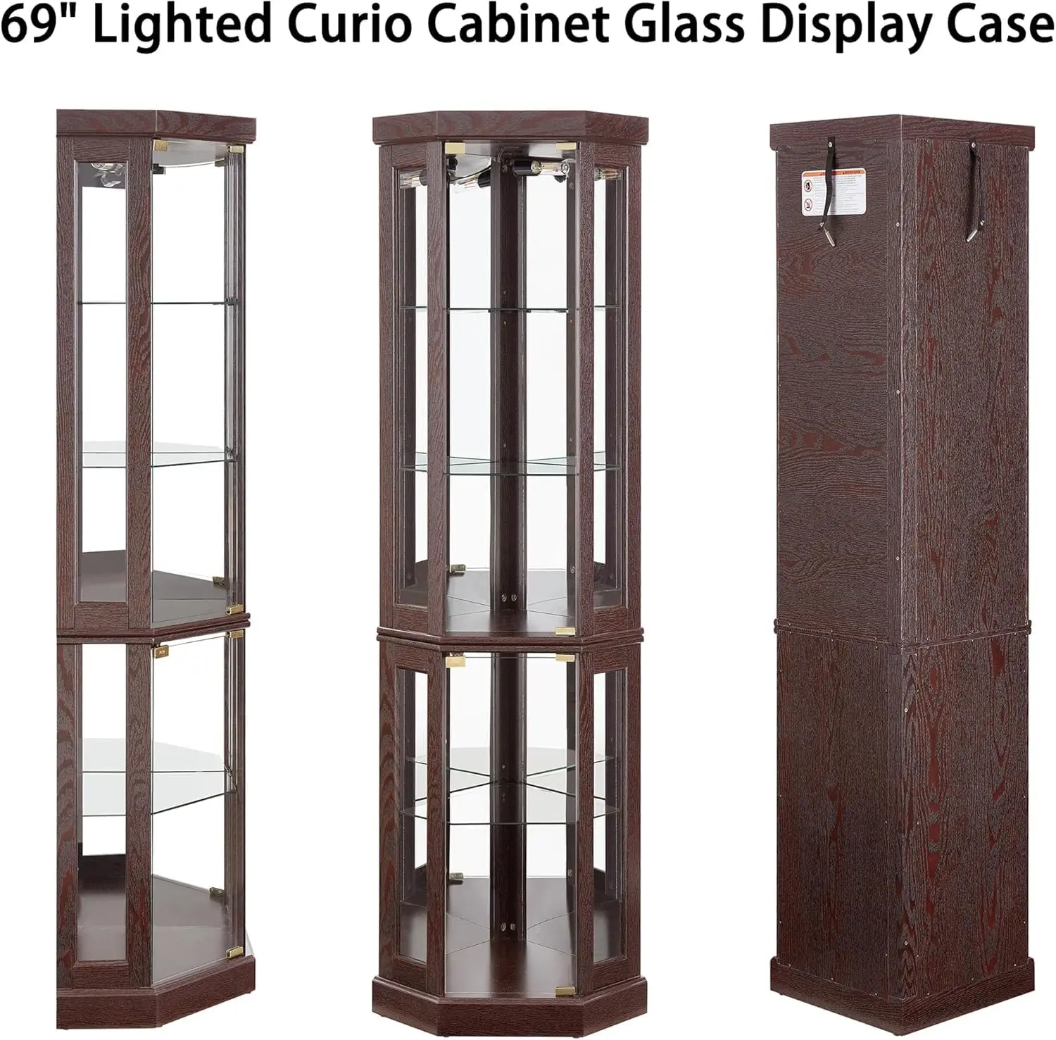 69" H Lighted Corner Curio Cabinet, 5-Tier Curio Glass Display Cabinet with Door & Adjustable Glass Shelves, Wooden, Customized - Image 18