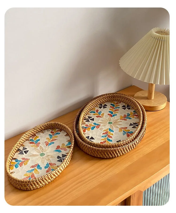 Handwoven Rattan Oval Tray with Shell Mosaic Inlay, Decorative Serving Tray for Coffee, Tea, Snacks, Bathroom Vanity Organizer - Image 28