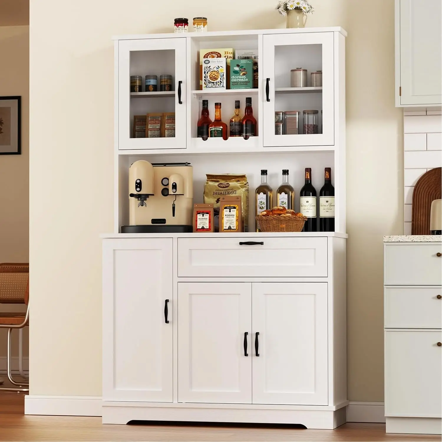 Tall Kitchen Pantry Storage Cabinet, Modern Pantry Cabinet with Hutch and Microwave Stand, Modern Kitchen Coffee, Customized - Image 8