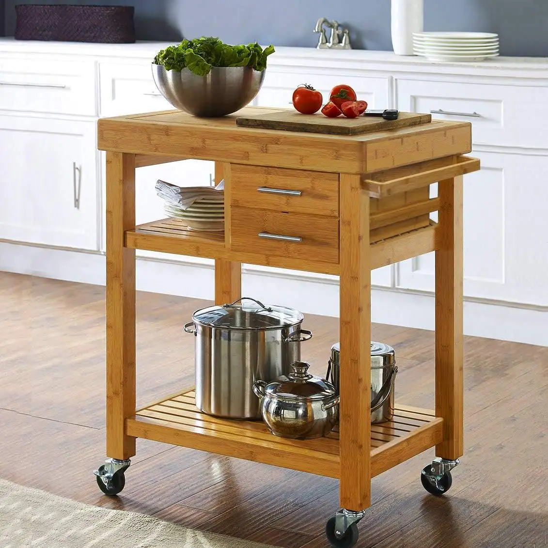 Home Aesthetics Rolling Kitchen Island Cart with Drawers Shelves, Butcher Block Food Prepping Cart Trolley on Wheels,Bamboo Wood