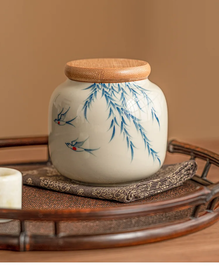 Warm Warbler, New Willow Grass Wood Grey Tea Sealed Ceramic Can High End Portable Small Moisture Proof Mini Storage Can - Image 25