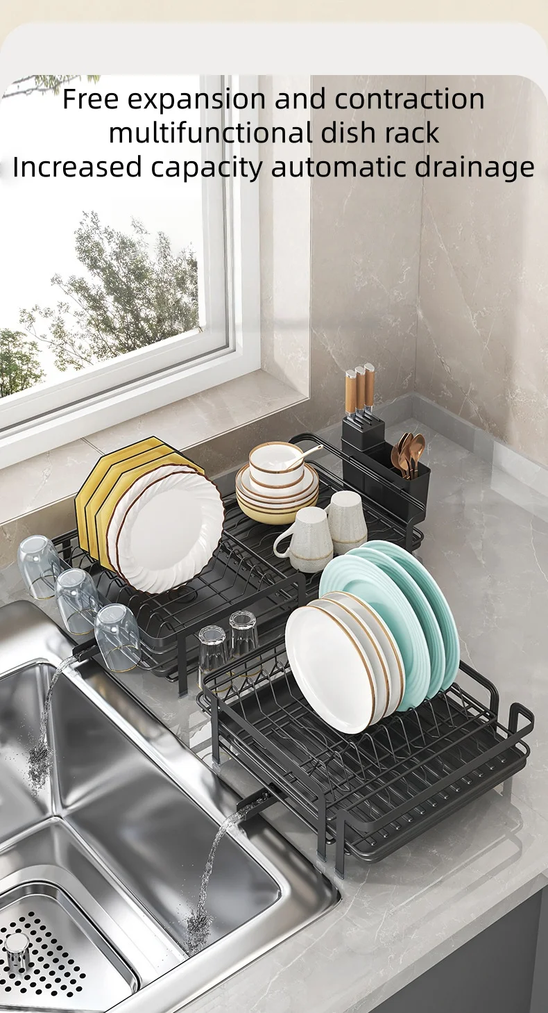 Expandable dish storage rack automatic draining rotatable drain rack adjustable counter organizer kitchen storage rack - Image 12