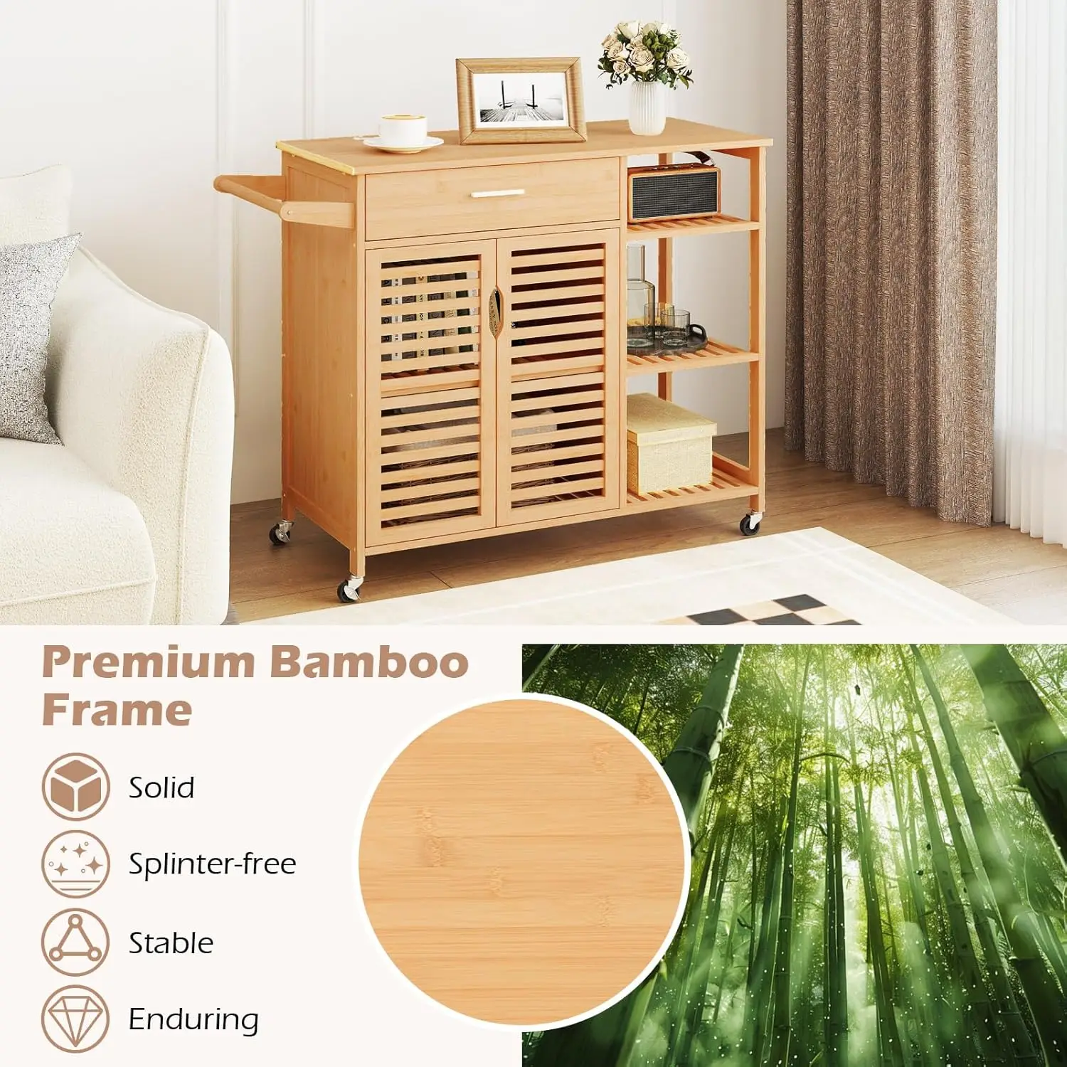 Bamboo Kitchen Island Cart Rolling Butcher Block Drawer Cabinet 3-Tier Shelves Towel Rack Wheels Storage Dining Room, Custom - Image 4