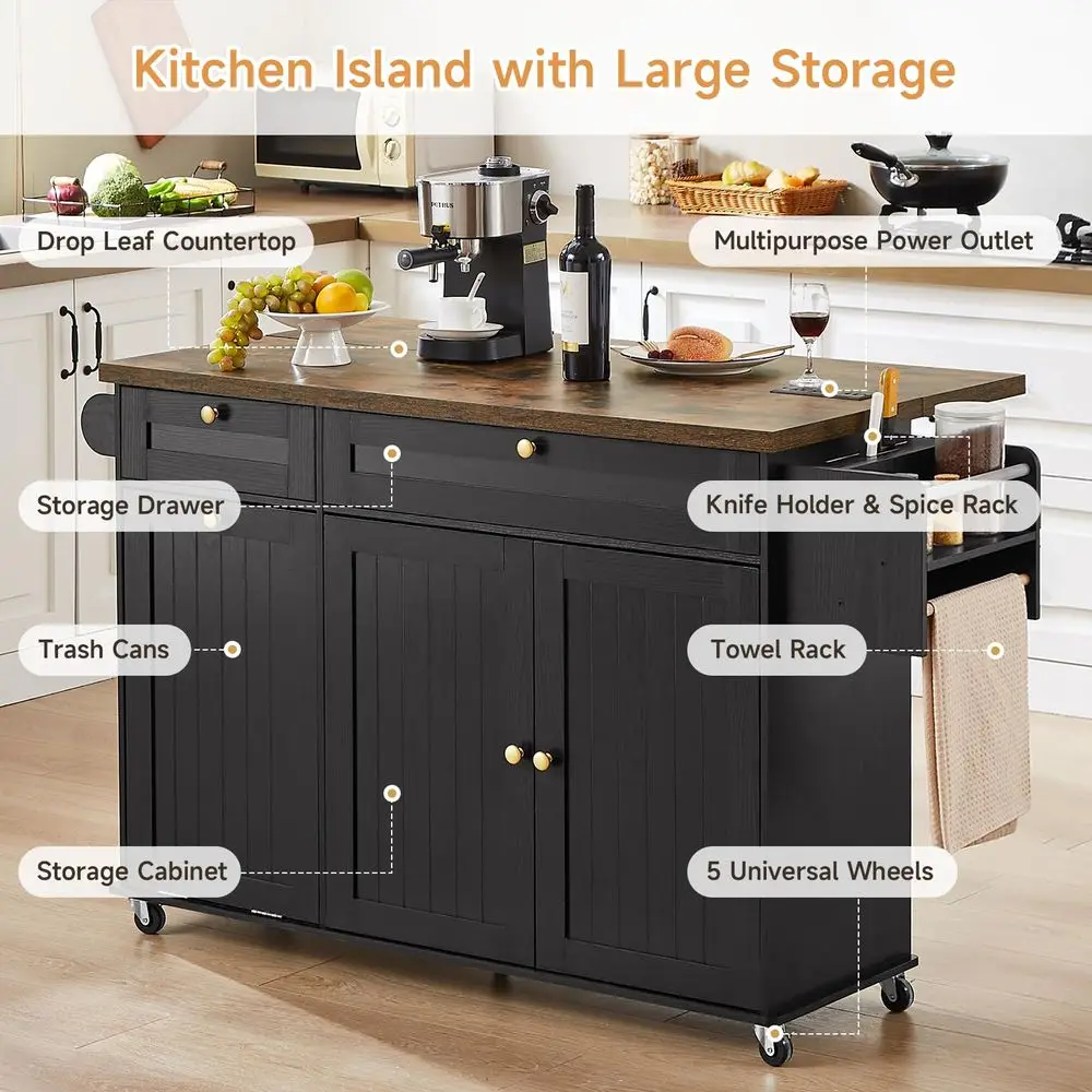 Kitchen Island with Power Outlet amp Drop Leaf, Kitchen Rolling Island with Spice Rack amp Towel Rack, Knife Holder, Kitchen Is - Image 9