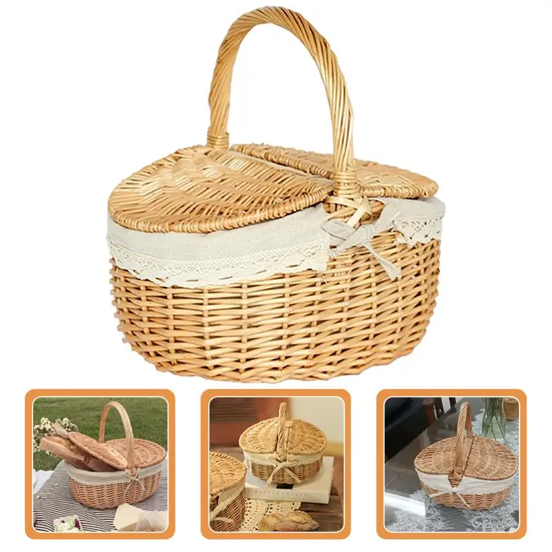 Picnic Fruit Storage Basket Easter Household Snack Container Wicker Basket with Lid Multi-function Wicker Basket Home Supply - Image 10