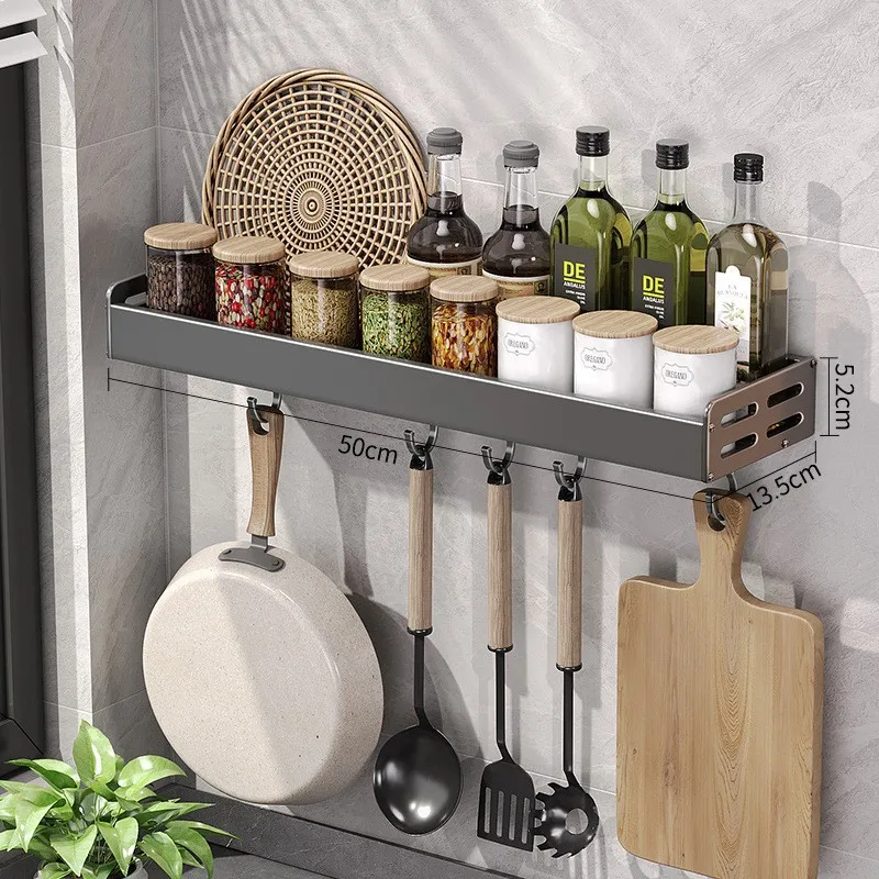 Wall Mount Utensil Holder Multifunctional Spice Organizer Shelf with Hooks Kitchen Hanging Storage Wall Shelf - Image 11