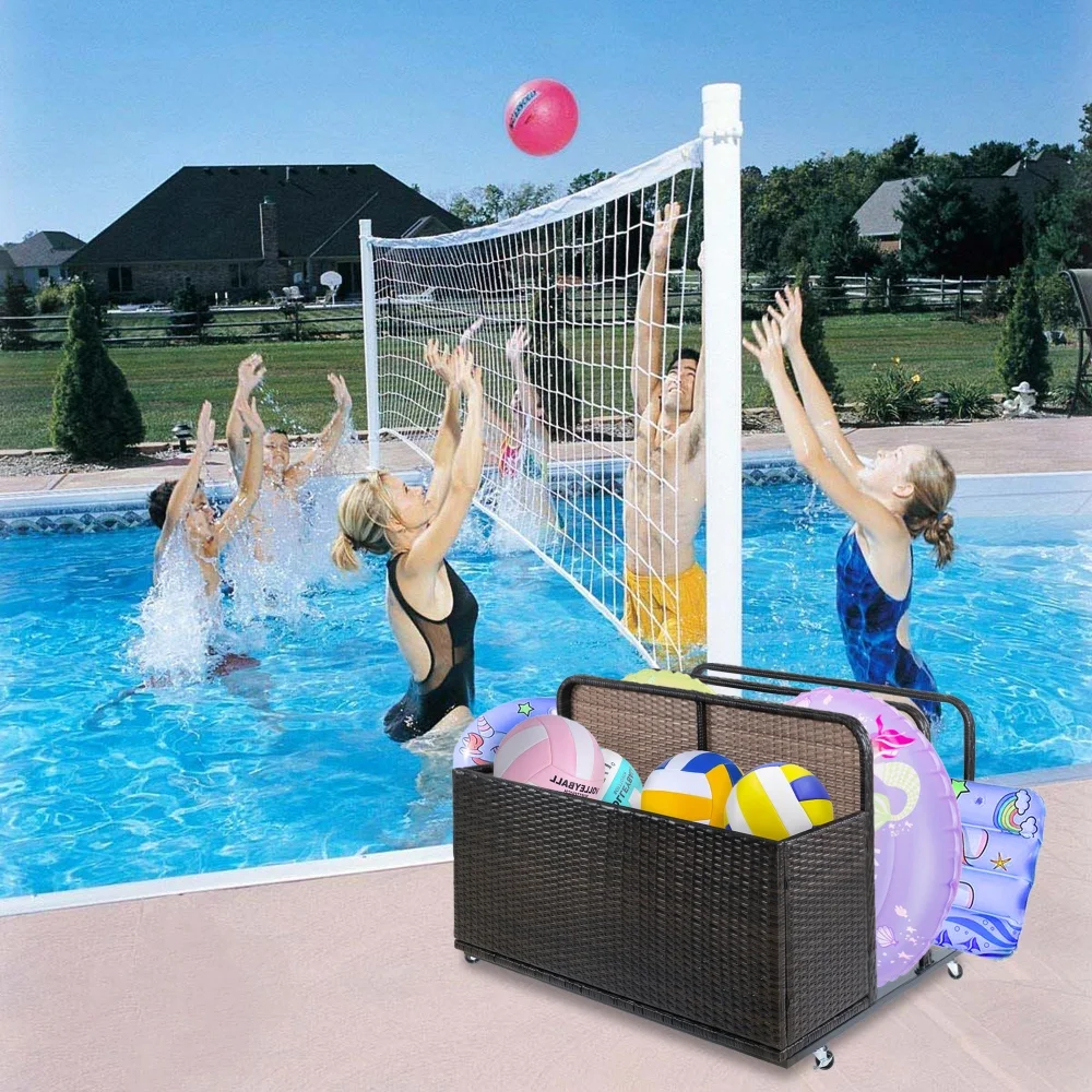 Outdoor Storage Solution with Convenient Mobility Poolside Float Storage Basket, PE Rattan Pool Caddy with Rolling Wheels - Image 6