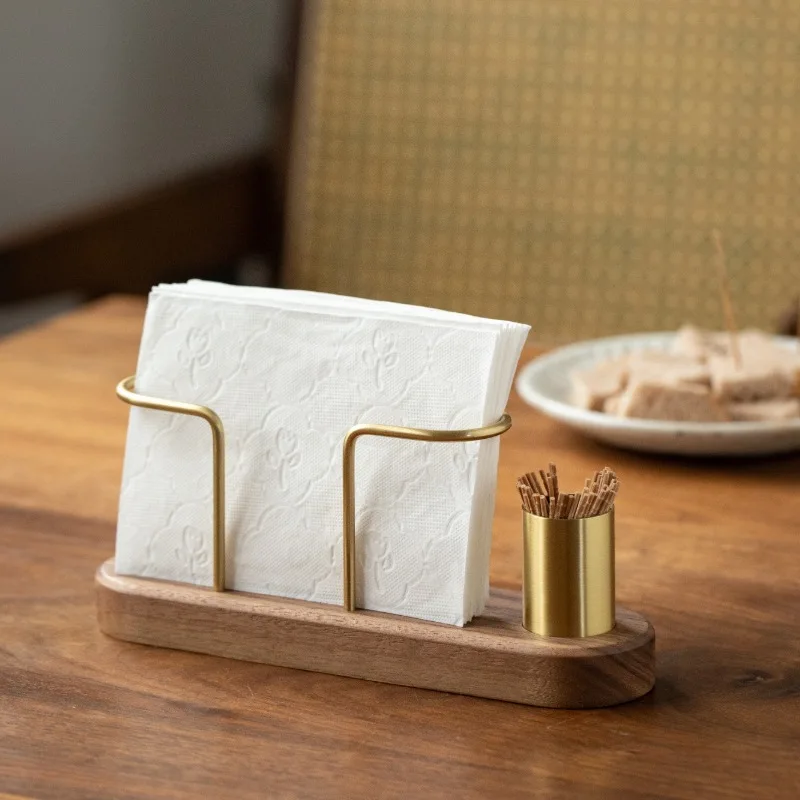 HeMu Walnut Wood & Brass 2-in-1 Napkin Holder with Toothpick Dispenser – Elegant Table Organizer for Kitchen, Dining Room & Cafe