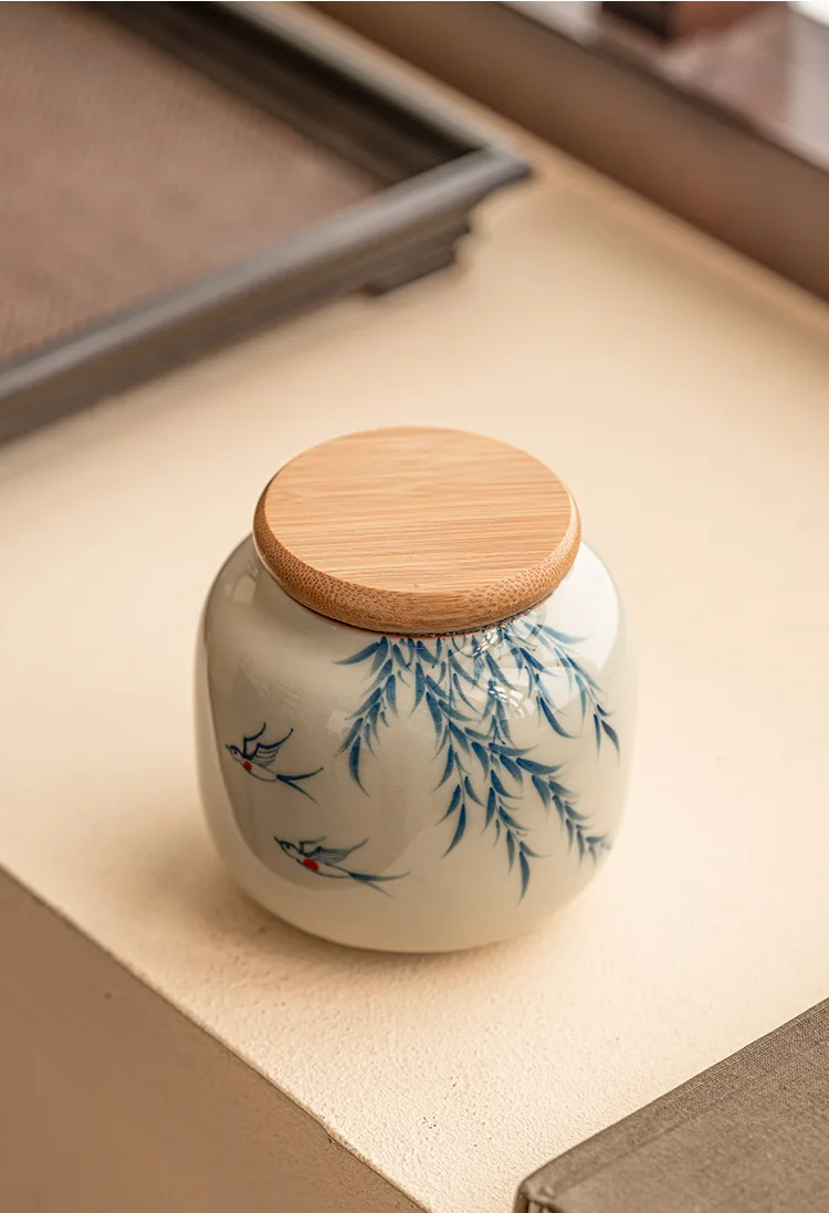 Warm Warbler, New Willow Grass Wood Grey Tea Sealed Ceramic Can High End Portable Small Moisture Proof Mini Storage Can - Image 26