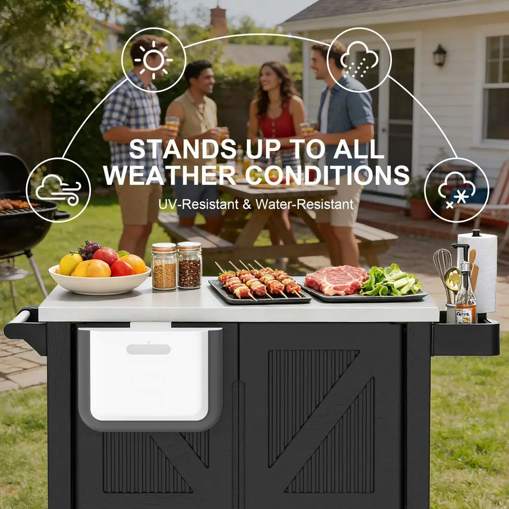 Kitchen Island with Storage Cabinet, Movable Grill Cart with Stainless Steel Countertop, 4 Swivel Wheels, PP Material Rolling B - Image 6