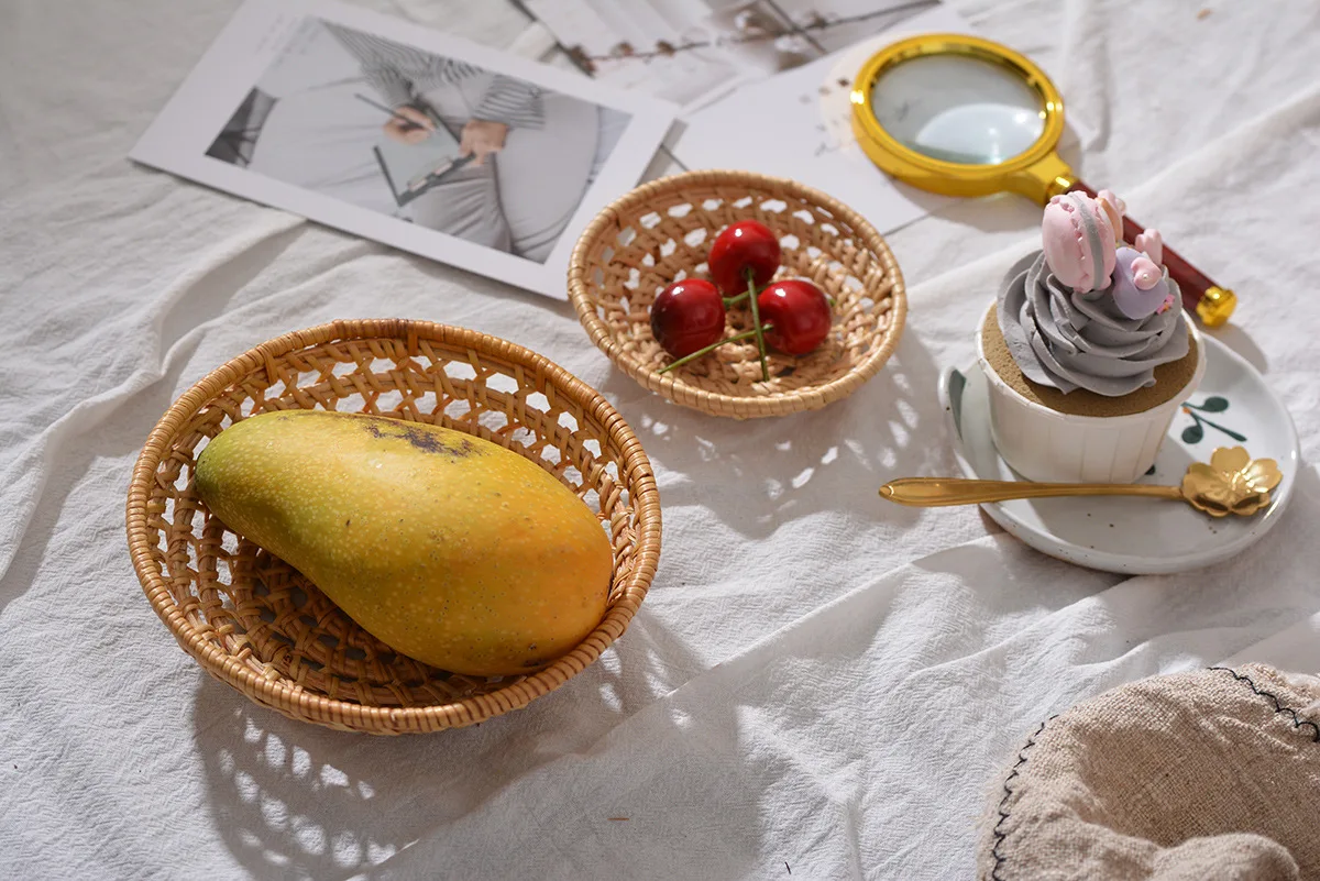 Minimalist Handwoven Rattan Baskets,Round Hollow Storage Trays for Fruit, Vegetables, Snacks, Decorative Wicker Basket for Home - Image 13