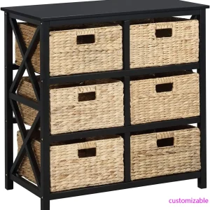 3 Tier X-Side End Storage Cabinet with 6 Wicker Baskets, Black