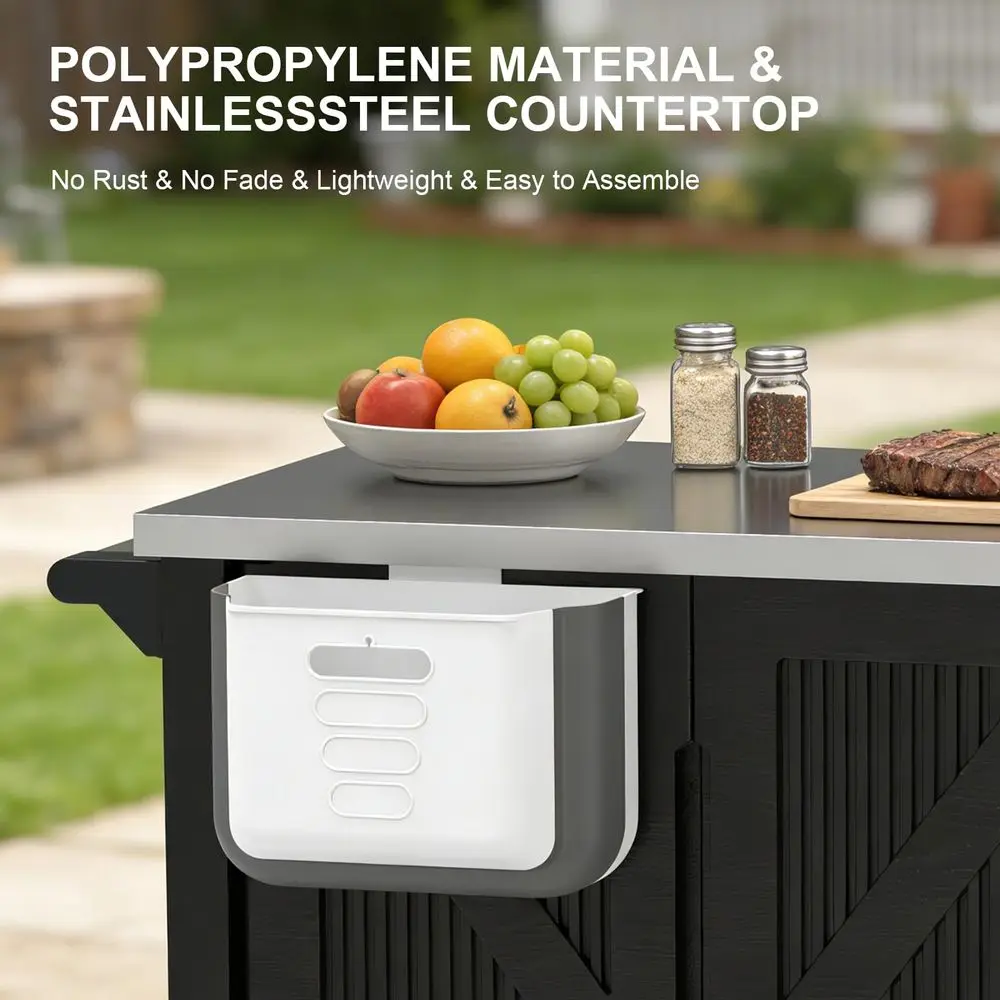 Kitchen Island with Storage Cabinet, Movable Grill Cart with Stainless Steel Countertop, 4 Swivel Wheels, PP Material Rolling B - Image 4