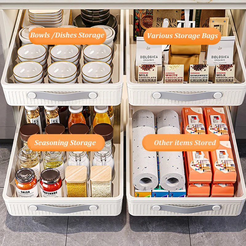 Kitchen Sliding Drawer with Slide Rail Cabinet Clothes Spice Dish Bowl Storage Rack Pull Out Cabinet Organizer Tray With Handle - Image 2