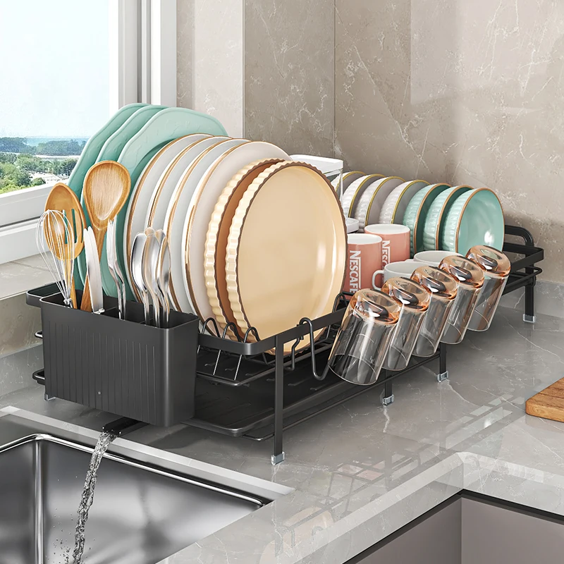 Adjustable Telescopic Dish Rack, Sink Side Dish Drying Organizer, Countertop Dish Organizer With Cup Holder, Utensil Holder - Image 8