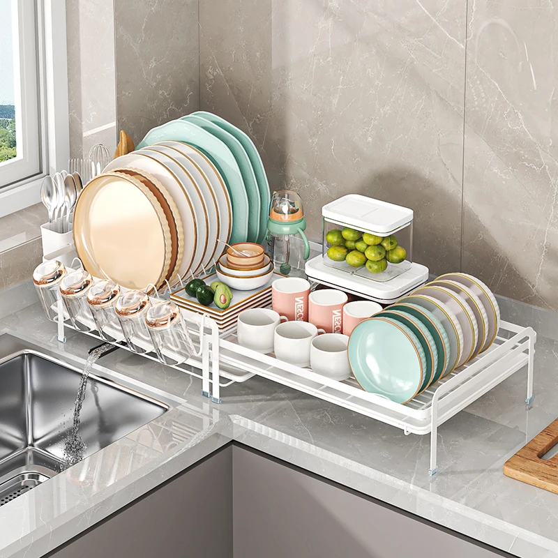 Adjustable Telescopic Dish Rack, Sink Side Dish Drying Organizer, Countertop Dish Organizer With Cup Holder, Utensil Holder - Image 7