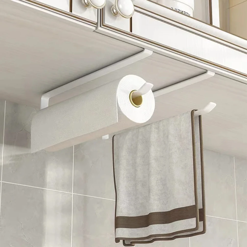No Punching Kitchen Paper Towel Holder Cabinet Hanger Wall Mounted Toilet Roll Storage Rack Bathroom Accessories - Image 2