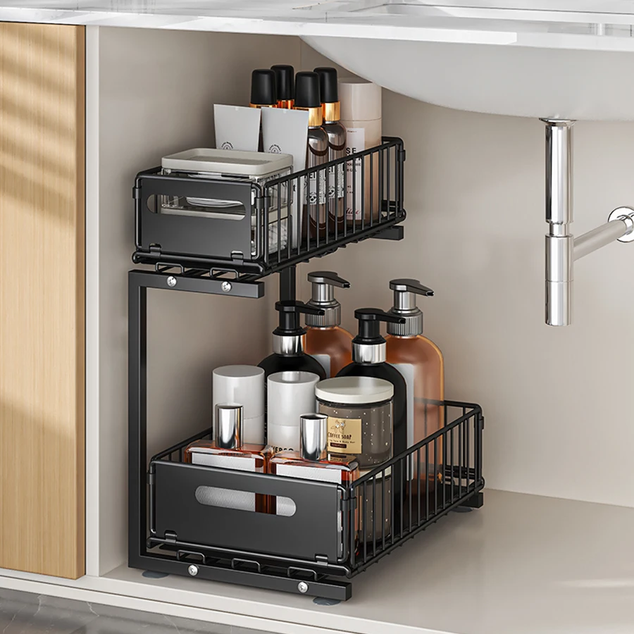 Pull-Out Under Sink Organizer, 2-Tier Adjustable Height Sliding Shelf for Kitchen/Bathroom Cabinet Storage, Black & White - Image 11