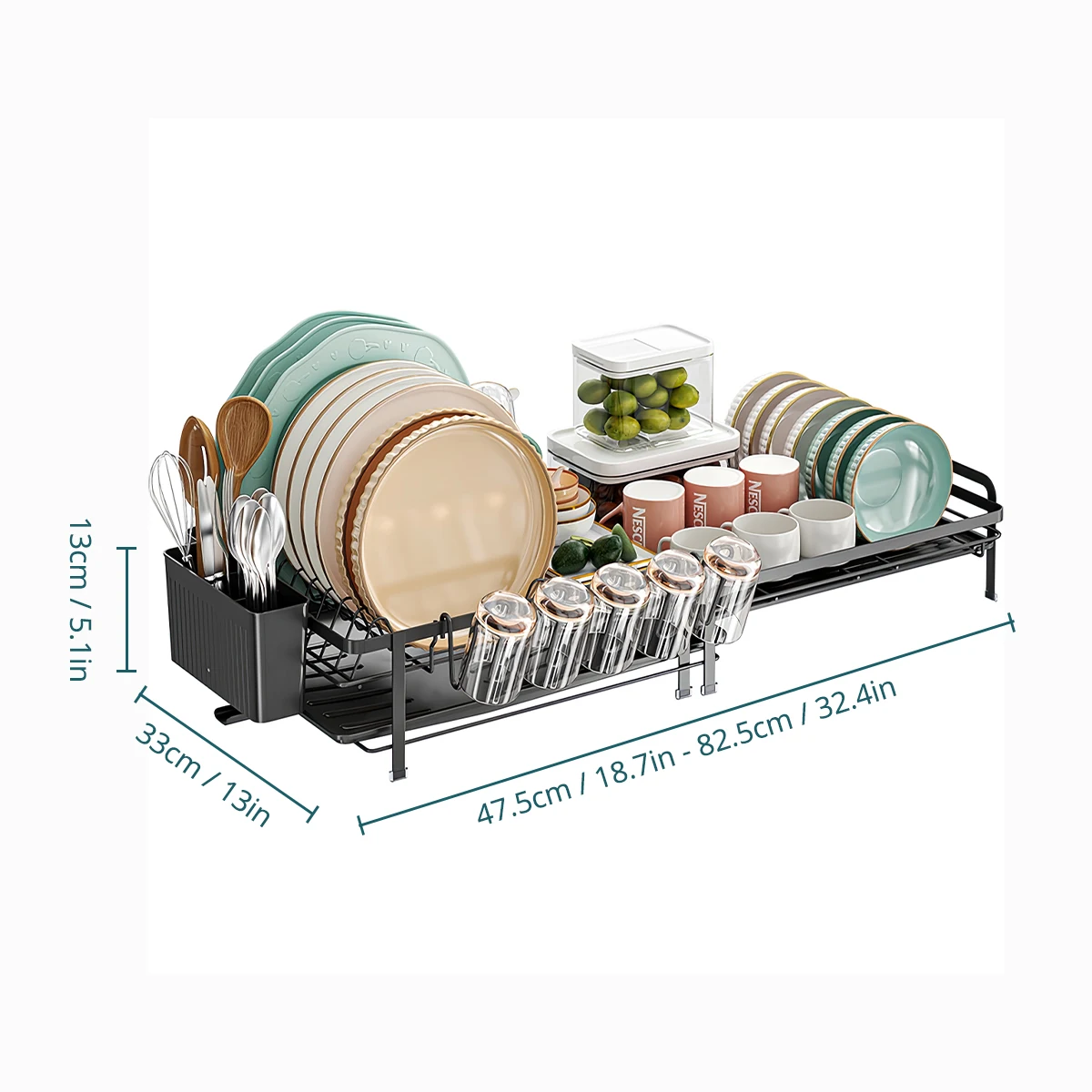 Adjustable Telescopic Dish Rack, Sink Side Dish Drying Organizer, Countertop Dish Organizer With Cup Holder, Utensil Holder - Image 2