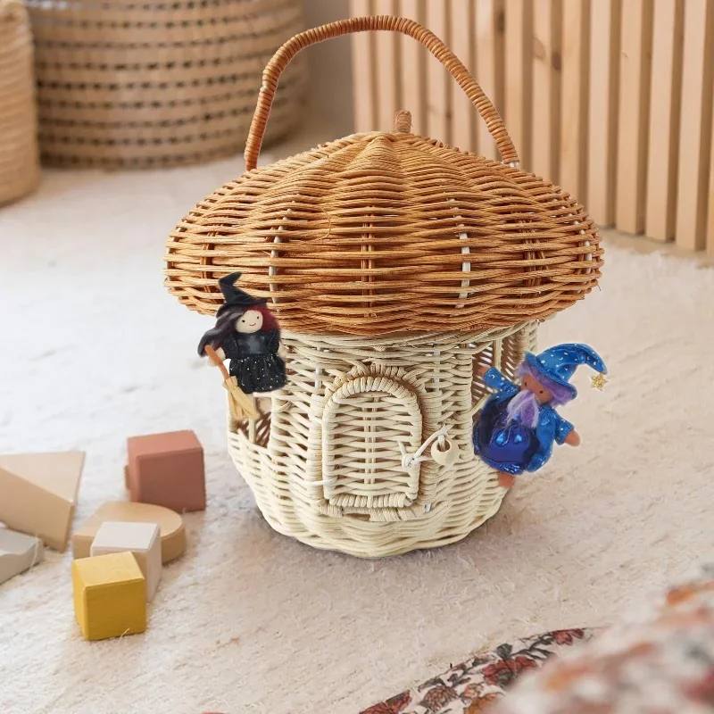 Rattan Mushroom Storage Basket Cute Cartoon Handwoven Nut Wicker Handbag Outdoor Picnic Women Tote Straw Bag Children Organizer - Image 5
