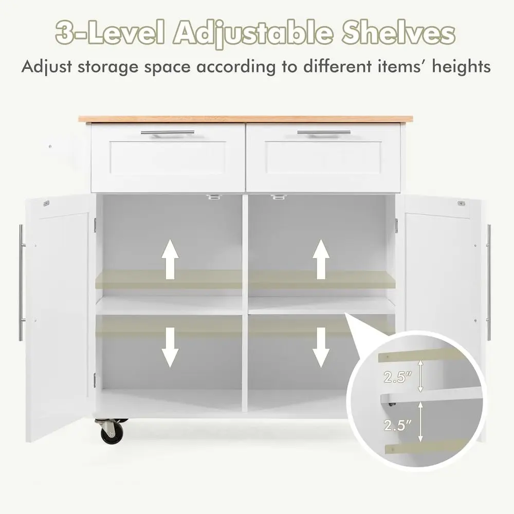 Rolling Kitchen Island with Towel Bar, Double Drawers, 2-Door Cabinet, White - Image 10