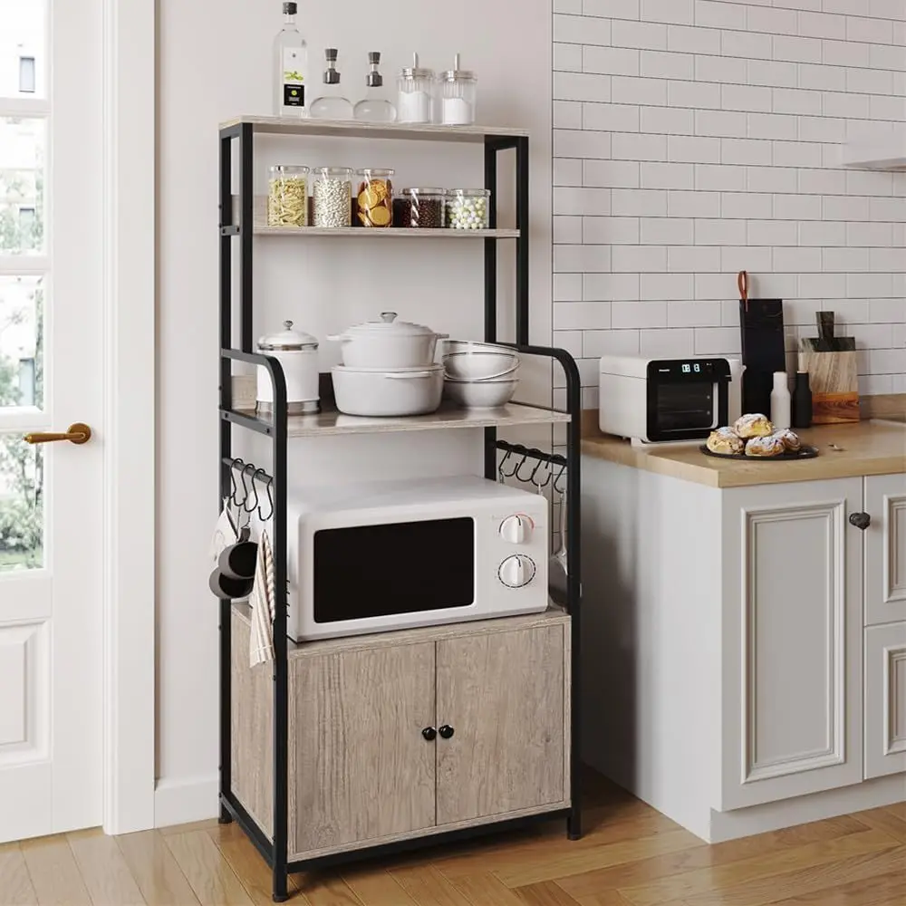Gray 4-Tier Kitchen Baker's Rack with Storage Cabinet, Microwave Stand, Coffee Bar, and Spice Rack - Image 7