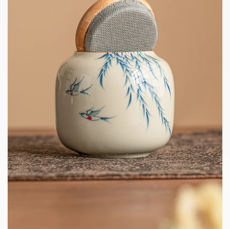 Warm Warbler, New Willow Grass Wood Grey Tea Sealed Ceramic Can High End Portable Small Moisture Proof Mini Storage Can - Image 17