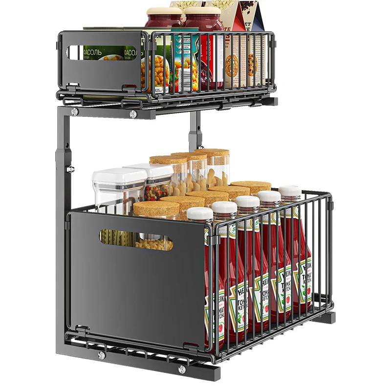 Pull-Out Under Sink Organizer, 2-Tier Adjustable Height Sliding Shelf for Kitchen/Bathroom Cabinet Storage, Black & White - Image 10