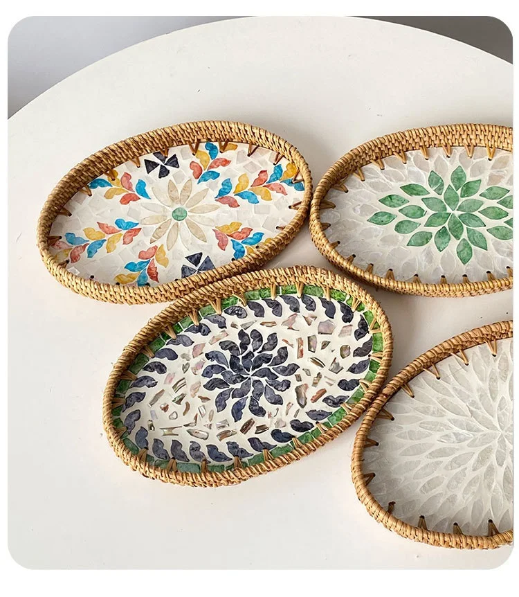 Handwoven Rattan Oval Tray with Shell Mosaic Inlay, Decorative Serving Tray for Coffee, Tea, Snacks, Bathroom Vanity Organizer - Image 25
