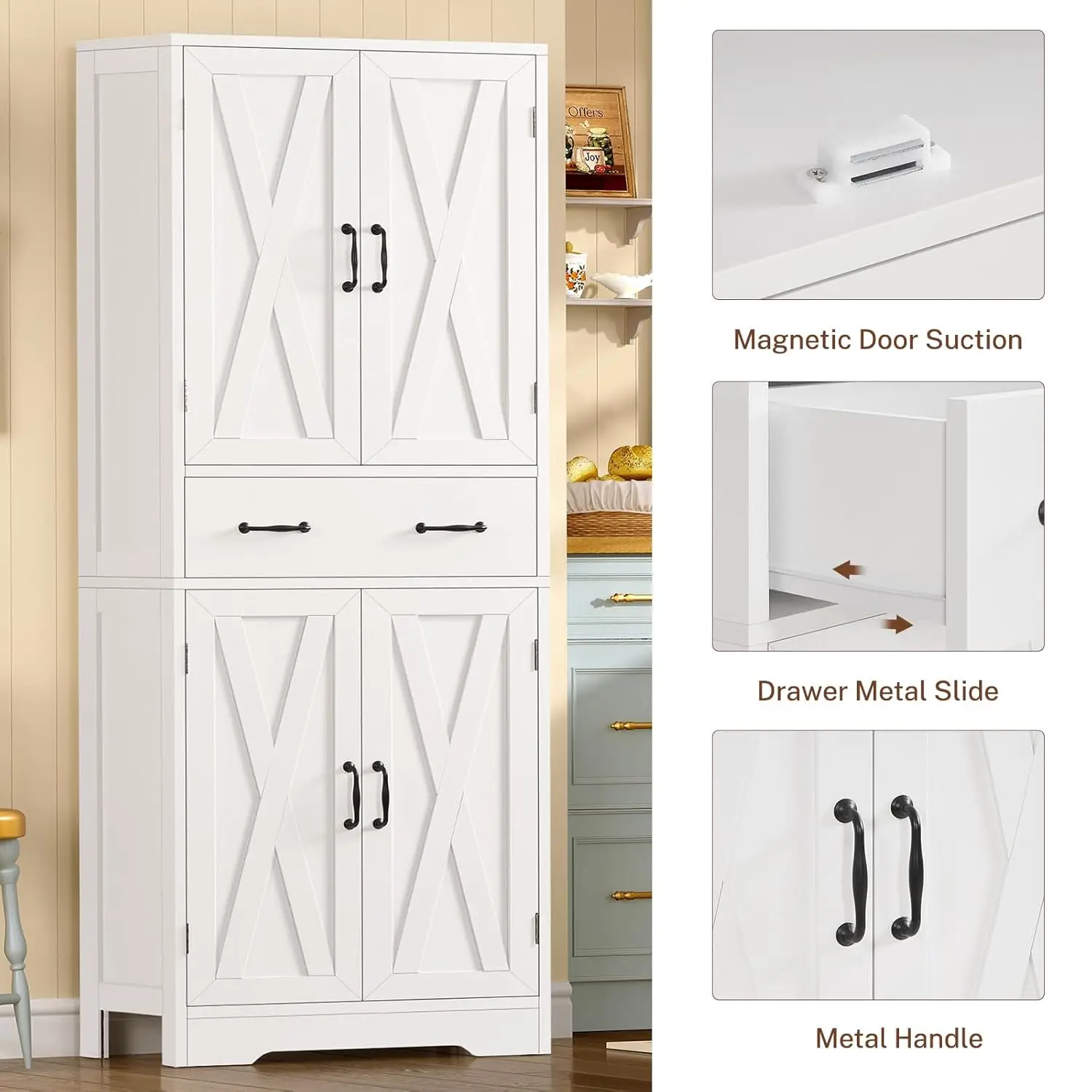 Tall Storage Cabinet with 2 Adjustable Shelves & Drawer 4-Door Pantry Bathroom Living Room Kitchen White Custom - Image 14