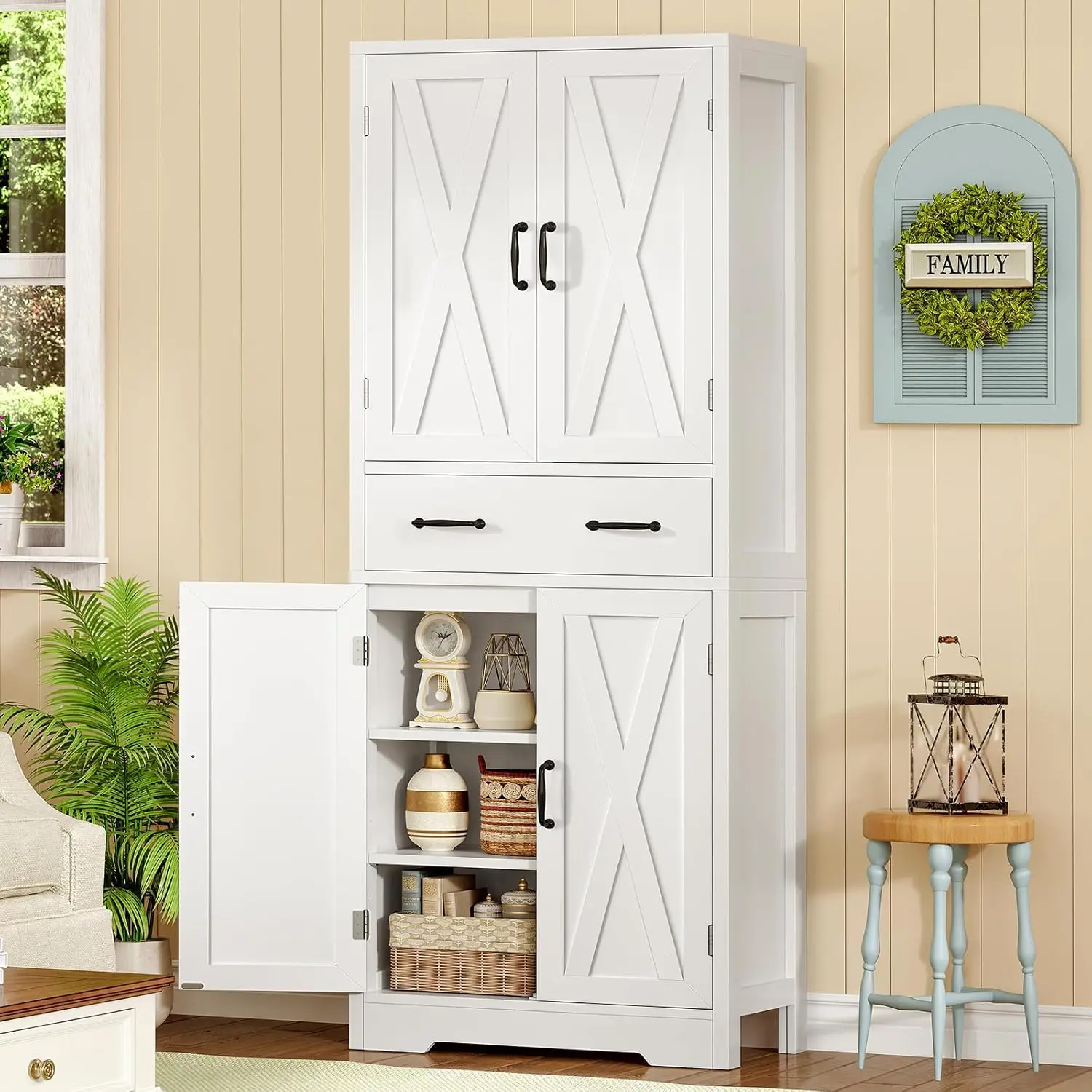 Tall Storage Cabinet with 2 Adjustable Shelves & Drawer 4-Door Pantry Bathroom Living Room Kitchen White Custom - Image 5