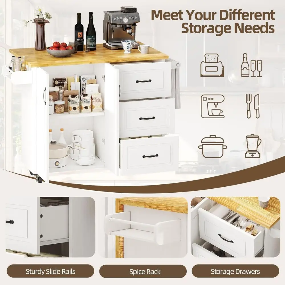 White Rolling Kitchen Island with Storage, Spice Rack, and Towel Bar - Image 3