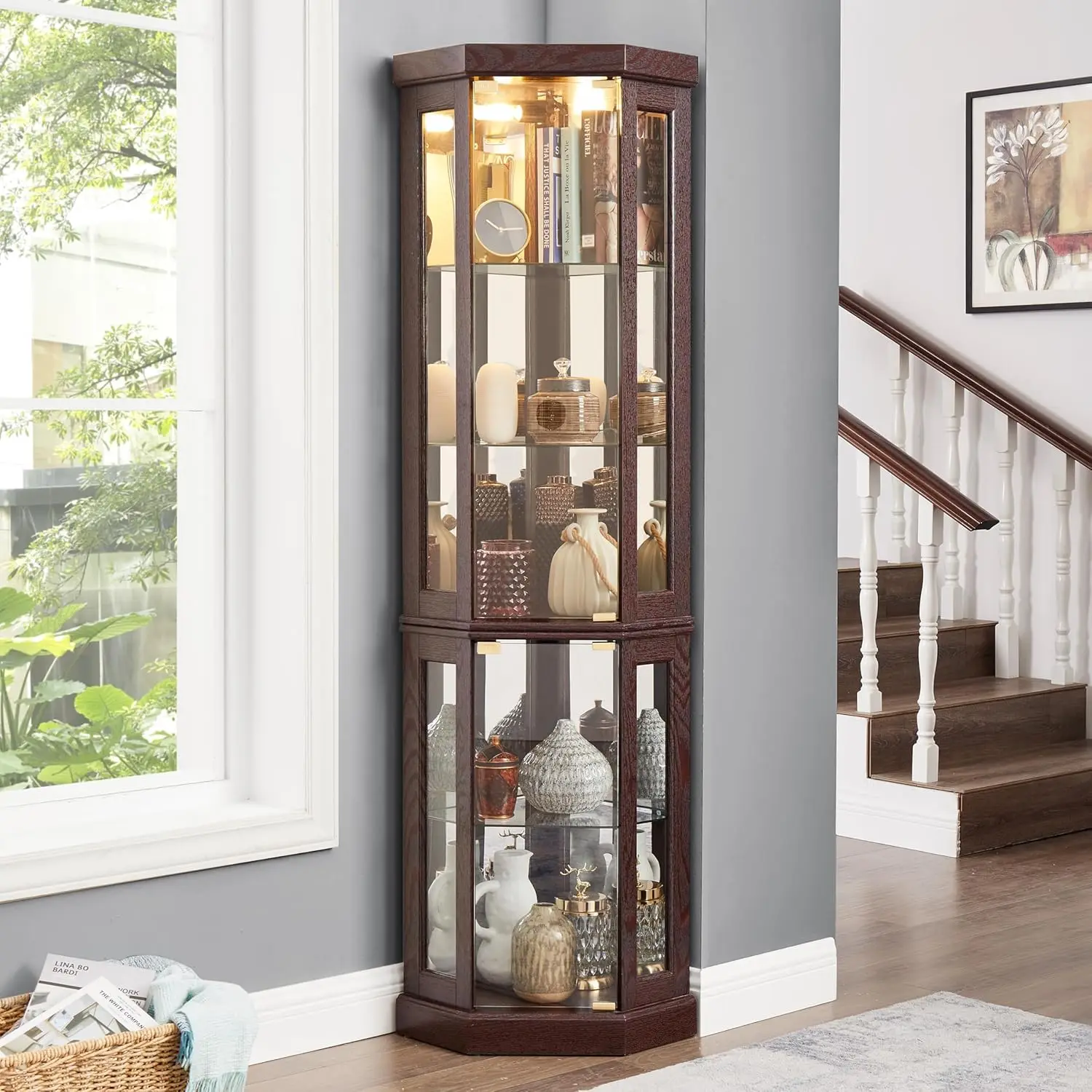69" H Lighted Corner Curio Cabinet, 5-Tier Curio Glass Display Cabinet with Door & Adjustable Glass Shelves, Wooden, Customized