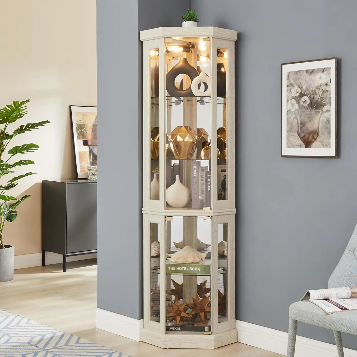 69" H Lighted Corner Curio Cabinet, 5-Tier Curio Glass Display Cabinet with Door & Adjustable Glass Shelves, Wooden, Customized - Image 8