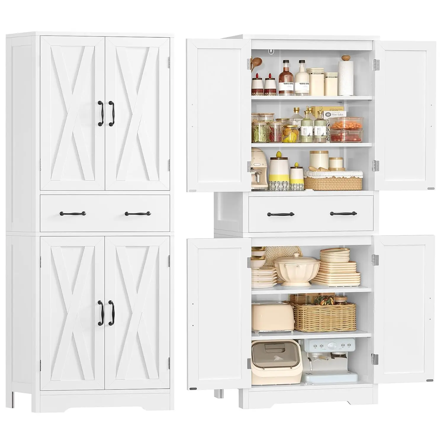 Tall Storage Cabinet with 2 Adjustable Shelves & Drawer 4-Door Pantry Bathroom Living Room Kitchen White Custom - Image 7