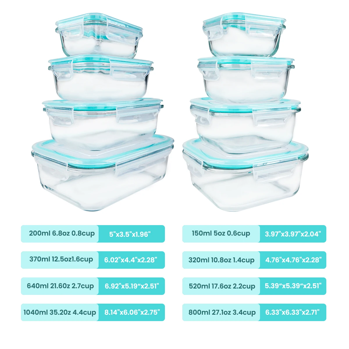 8pcs Glass Food Storage Containers Set Lunch Box Leakproof Airtight Microwave & Oven Safe Stackable Kitchen Organizers - Image 2